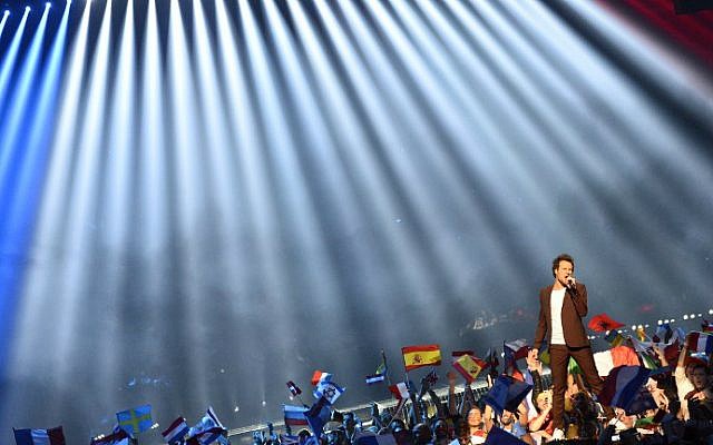 Amir Haddad, representing France with the song “J’ai Cherche,” performs during the grand final of the Eurovision Song Contest 2016 in Stockholm, on May 14, 2016. (Jonathan Nackstrand/AFP) Amir Haddad, representing France with the song “J’ai Cherche,” performs during the grand final of the Eurovision Song Contest 2016 in Stockholm, on May 14, 2016. (Jonathan Nackstrand/AFP)