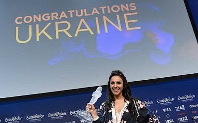 Jamala, representing Ukraine with the song "1944," attends a press conference after winning the Eurovision Song Contest 2016 grand final in Stockholm, Sweden, on May 15, 2016. (Jonathan Nackstrand/AFP)
