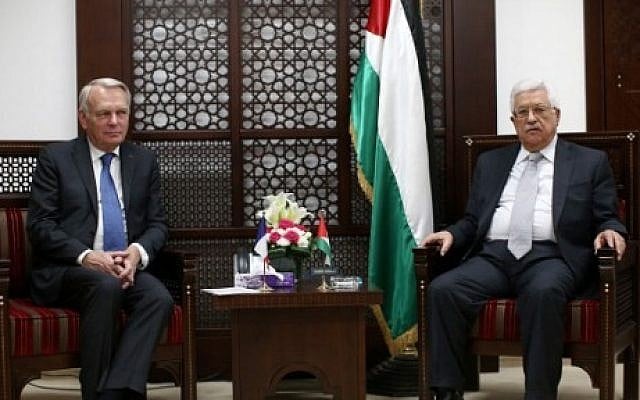 Palestinian Authority President Mahmoud Abbas, right, meets with French Foreign Minister Jean-Marc Ayrault on May 15, 2016 in the West Bank city of Ramallah. (AFP Photo/Fadi Arouri) Palestinian Authority President Mahmoud Abbas, right, meets with French Foreign Minister Jean-Marc Ayrault on May 15, 2016 in the West Bank city of Ramallah. (AFP Photo/Fadi Arouri)