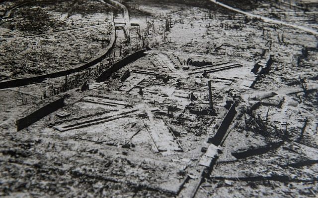 A detail of an aerial picture taken by the US military in the days after the second atomic bomb was dropped on Nagasaki on August 9, 1945, which was shown at the time during a briefing to a group of top government officials at the Department of War, seen at the Stimson Center in Washington, DC, on May 16, 2016. (AFP/Nicholas Kamm)