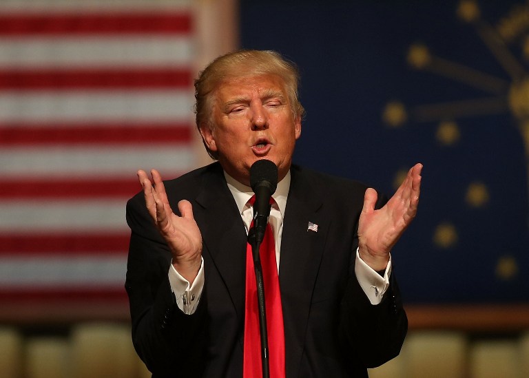 Republican presidential candidate Donald Trump speaks during a campaign stop at the Palladium at the Center for the Performing Arts on May 2, 2016 in Carmel, Indiana. Trump continues to campaign leading up to the state of Indiana's primary day on Tuesday. (Joe Raedle/Getty Images/AFP) Republican presidential candidate Donald Trump speaks during a campaign stop at the Palladium at the Center for the Performing Arts on May 2, 2016 in Carmel, Indiana. Trump continues to campaign leading up to the state of Indiana's primary day on Tuesday. (Joe Raedle/Getty Images/AFP)