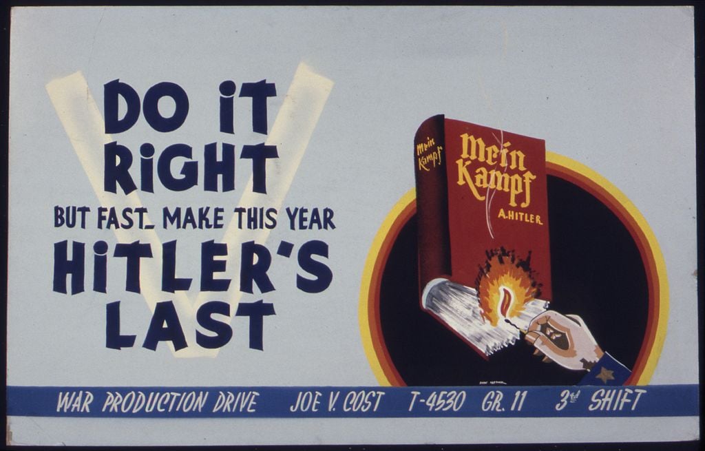 Anti-Nazi poster from 1942-43 shows 'Mein Kampf' being set on fire (Wikimedia Commons)