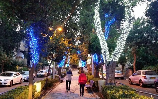 Trees in Jerusalem are decked out in blue and white lights in honor of Israel's 68th Independence Day (Jerusalem municipality)