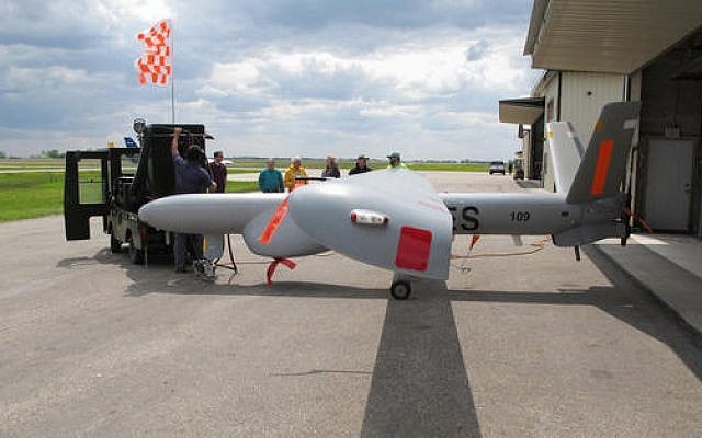 An Israeli-built Elbit Systems Hermes 450 unmanned aircraft is towed out of a hangar at the Hillsboro, North Dakota airport, where it was being used to collect agricultural data, May 20, 2016. (AP Photo/Dave Kolpack) An Israeli-built Elbit Systems Hermes 450 unmanned aircraft is towed out of a hangar at the Hillsboro, North Dakota airport, where it was being used to collect agricultural data, May 20, 2016. (AP Photo/Dave Kolpack)