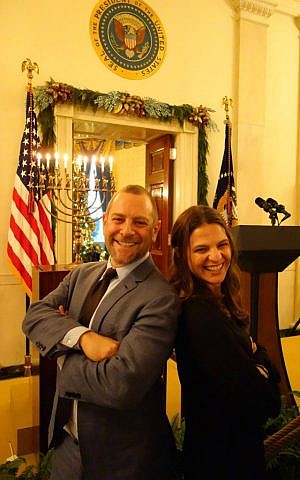 Rabbi Amichai Lau-Lavie with Rabbi Sharon Brous of Los Angeles' IKAR community at the White House Hanukkah party, 2013. (Courtesy)