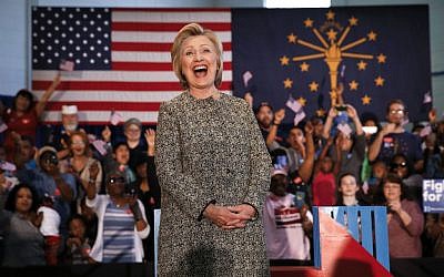 Democratic presidential candidate Hillary Clinton reacts to the audience during a campaign stop in Indianapolis, Sunday, May 1, 2016. (AP/Paul Sancya)
