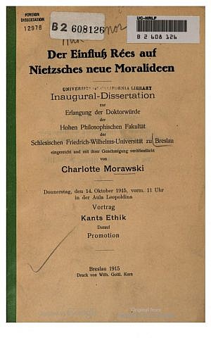 Cover of Charlotte Morawski's thesis from Breslau University, which can be found in libraries all over the world (courtesy) Cover of Charlotte Morawski's thesis from Breslau University, which can be found in libraries all over the world (courtesy)