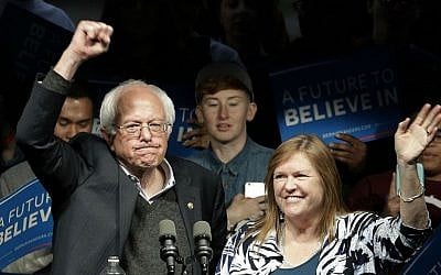 Democratic presidential candidate Sen. Bernie Sanders, I-Vermont, and his wife Jane Sanders wave after a campaign rally Tuesday, May 3, 2016, in Louisville, Kentucky. (AP Photo/Charlie Riedel)