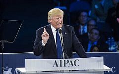 Republican presidential candidate Donald Trump speaks at the American Israel Public Affairs Committee Policy Conference in Washington, DC, March 21, 2016. (Jabin Botsford/The Washington Post via Getty Images via JTA)