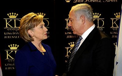 The-then Prime Minister-designate Benjamin Netanyahu, right, stands with US Secretary of State Hillary Clinton before their meeting in Jerusalem March 3, 2009. (Matty Stern/US Embassy Tel Aviv/Flash90) Then prime minister-designate Benjamin Netanyahu, right, stands with then-US Secretary of State Hillary Clinton before their meeting in Jerusalem March 3, 2009. (Matty Stern/US Embassy Tel Aviv/Flash90)