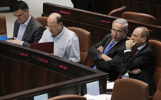Former interior minister Gideon Saar (L), former defense minister Moshe Ya'alon (2L), Prime Minister Benjamin Netanyahu (2R) and former energy minister Silvan Shalom in the Knesset on May 1, 2013. (Miriam Alster/FLASH90) Former interior minister Gideon Saar (L), former defense minister Moshe Ya'alon (2L), Prime Minister Benjamin Netanyahu (2R) and former energy minister Silvan Shalom in the Knesset on May 1, 2013. (Miriam Alster/FLASH90)
