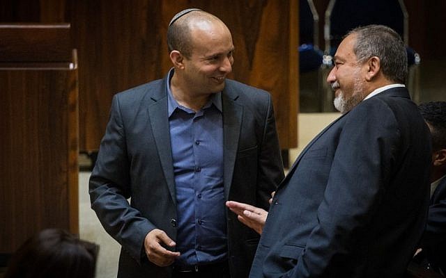 Then Jewish Home party leader Naftali Bennett (left) and Yisrael Beytenu chairman Avigdor Liberman at the Knesset on July 22, 2015. (Hadas Parush/Flash90) Then Jewish Home party leader Naftali Bennett (left) and Yisrael Beytenu chairman Avigdor Liberman at the Knesset on July 22, 2015. (Hadas Parush/Flash90)