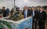 Avigdor Liberman, in tie, at Etzion Junction in the West Bank on December 27, 2015. (Gershon Elinson/Flash90)
