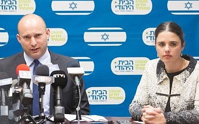 Education Minister Naftali Bennett (L) and Justice Minister Ayelet Shaked (R) at the weekly Jewish Home party meeting at the Knesset in Jerusalem on February 29, 2016. (Miriam Alster/Flash90) Education Minister Naftali Bennett (L) and Justice Minister Ayelet Shaked (R) at the weekly Jewish Home party meeting at the Knesset in Jerusalem on February 29, 2016. (Miriam Alster/Flash90)