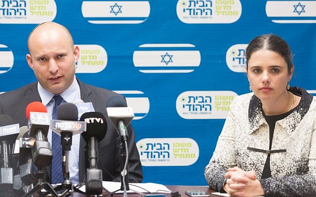 Education Minister Naftali Bennett (L) and Justice Minister Ayelet Shaked (R) at the weekly Jewish Home party meeting at the Knesset in Jerusalem on February 29, 2016. (Miriam Alster/Flash90) Education Minister Naftali Bennett (L) and Justice Minister Ayelet Shaked (R) at the weekly Jewish Home party meeting at the Knesset in Jerusalem on February 29, 2016. (Miriam Alster/Flash90)