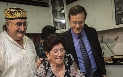Opposition leader Isaac Herzog attends the Mimouna, a Jewish Moroccan celebration, in the city of Beit Shemesh on April 30, 2016. (Hadas Parush/Flash90)