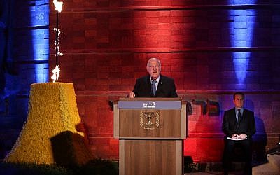 President Reuven Rivlin speaks at a ceremony at the Yad Vashem Holocaust Memorial Museum in Jerusalem, as Israel marks the annual Holocaust Remembrance Day on May 4, 2016. (Photo by Hadas Parush/Flash90)