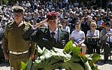Deputy IDF Chief of Staff Yair Golan lays a wreath at a memorial during a ceremony at the Yad Vashem Holocaust museum as Israel marks the annual Holocaust Remembrance Day, May 5, 2016. (Olivier Fitoussi/Pool)