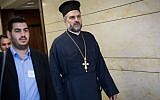 Father Gabriel Naddaf, right, seen at the Knesset on May 9, 2016. (Hadas Parush/Flash90)