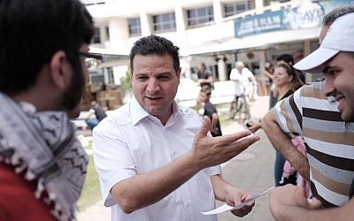 Ayman Odeh at a memorial service during a rally marking the Nakba anniversary at Tel Aviv University in Tel Aviv on May 15, 2016. (Tomer Neuberg/Flash90)