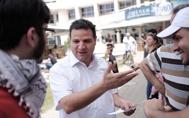 Ayman Odeh at a memorial service during a rally marking the Nakba anniversary at Tel Aviv University in Tel Aviv on May 15, 2016. (Tomer Neuberg/Flash90)
