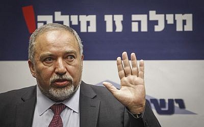 Avigdor Liberman speaks during a party faction meeting at the Knesset, on May 23, 2016. (Miriam Alster/Flash90)