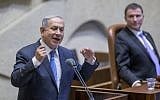 Prime Minister Benjamin Netanyahu speaks at the Knesset during a special plenum session marking Herzl Day on May 23, 2016. (Yonatan Sindel/Flash90)