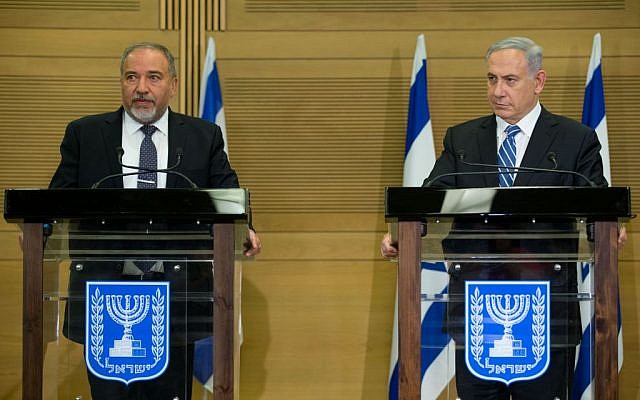 Prime Minister Benjamin Netanyahu (right) and incoming Defense Minister Avigdor Liberman (left) hold a press conference in the Knesset on Monday, May 30, 2016. (Yonatan Sindel/Flash90) Prime Minister Benjamin Netanyahu (right) and incoming Defense Minister Avigdor Liberman (left) hold a press conference in the Knesset on Monday, May 30, 2016. (Yonatan Sindel/Flash90)