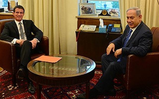 Prime Minister Benjamin Netanyahu and then-French Prime Minister Manuel Valls meet in Israel on May 23, 2016 (Kobi Gideon/GPO) Prime Minister Benjamin Netanyahu and then-French Prime Minister Manuel Valls meet in Israel on May 23, 2016 (Kobi Gideon/GPO)
