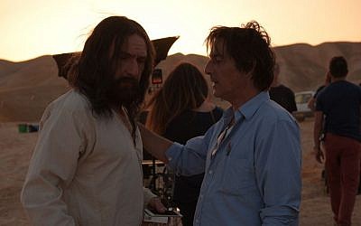 Director Yvan Attal, right, and Gilles Lellouche -- who plays Jesus -- during filming of 'They are Everywhere' in Israel in 2014 (Wild Bunch Productions/via JTA)