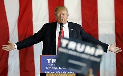 Republican presidential candidate Donald Trump speaks during a rally, Friday, May 6, 2016, in Omaha, Neb. (AP/Charlie Neibergall) 