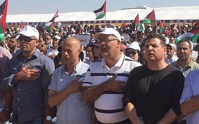 Members of the Joint (Arab) List party, among them party leader Ayman Odeh, take part in Rahat march for Palestinian right of return, May 12, 2016. (Courtesy Joint List)