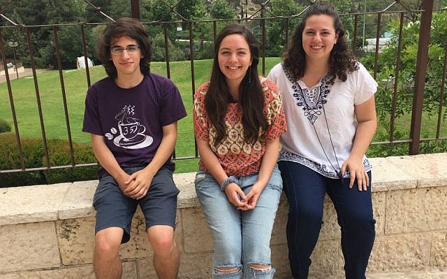 Israel Academy of Science and Arts students Roy Jacobson, Emmi Cohen and Halel Regev on May 3, several weeks after their unique 12th grade Holocaust journey around Israel (Jessica Steinberg/Times of Israel)