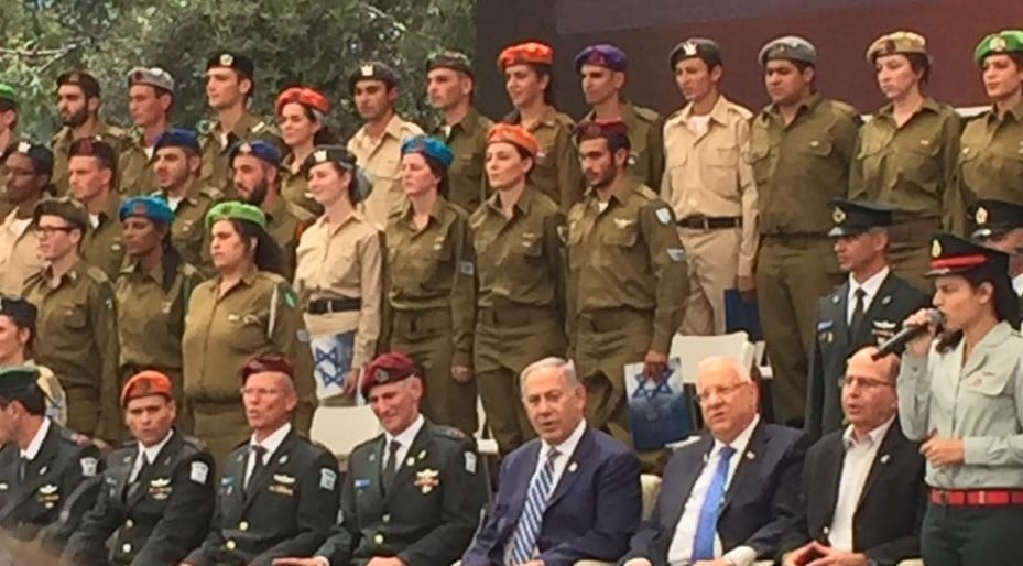 Prime Minister Benjamin Netanyahu, President Reuven Rivlin, Defense Minister Moshe Ya'alon, and top IDF generals, with 120 distinguished soldiers at an Independence Day ceremony at the President's Residence, May 12, 2016 (ToI staff) Prime Minister Benjamin Netanyahu, President Reuven Rivlin, Defense Minister Moshe Ya'alon, and top IDF generals, with 120 distinguished soldiers at an Independence Day ceremony at the President's Residence, May 12, 2016 (ToI staff)