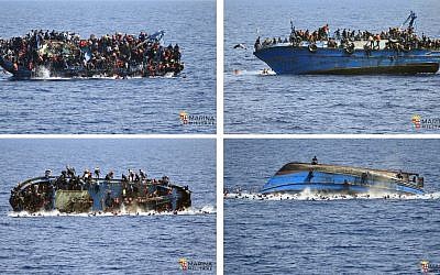 In this four-picture combo people file photo try to jump in the water right before their boat overturns off the Libyan coast, Wednesday, May 25, 2016.  (Italian navy via AP Photo)