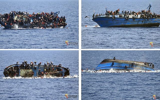 In this four-picture combo people file photo try to jump in the water right before their boat overturns off the Libyan coast, Wednesday, May 25, 2016. (Italian navy via AP Photo) In this four-picture combo people file photo try to jump in the water right before their boat overturns off the Libyan coast, Wednesday, May 25, 2016. (Italian navy via AP Photo)