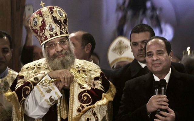 Egypt's President Abdel-Fattah el-Sissi, right, visits Coptic Pope Tawadros II, during Christmas Eve mass at St. Mark's Cathedral, in Cairo, Egypt, January 6, 2015. (AP Photo/Nariman El-Mofty, File) Egypt's President Abdel-Fattah el-Sissi, right, visits Coptic Pope Tawadros II, during Christmas Eve mass at St. Mark's Cathedral, in Cairo, Egypt, January 6, 2015. (AP Photo/Nariman El-Mofty, File)