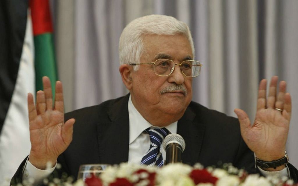 Palestinian Authority President Mahmoud Abbas during a press conference in the West Bank city of Bethlehem, January 6, 2016 (AP/Majdi Mohammed, File) Palestinian Authority President Mahmoud Abbas during a press conference in the West Bank city of Bethlehem, January 6, 2016 (AP/Majdi Mohammed, File)