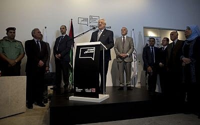 Palestinian Authority President Mahmoud Abbas speaks during the opening of the Palestinian Museum to the public, in West Bank town of Bir Zeit , Wednesday, May 18, 2016. (AP Photo/Majdi Mohammed)