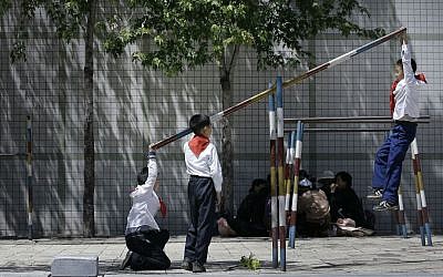 North Korean school children play in a park Sunday, May 8, 2016, in Pyongyang, North Korea. (AP Photo/Wong Maye-E)