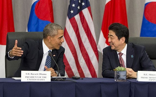In this March 31, 2016, photo, U.S. President Barack Obama speaks with Japanese Prime Minister Shinzo Abe during their meeting at the Nuclear Security Summit in Washington. (AP Photo/Jacquelyn Martin, File) In this March 31, 2016, photo, U.S. President Barack Obama speaks with Japanese Prime Minister Shinzo Abe during their meeting at the Nuclear Security Summit in Washington. (AP Photo/Jacquelyn Martin, File)