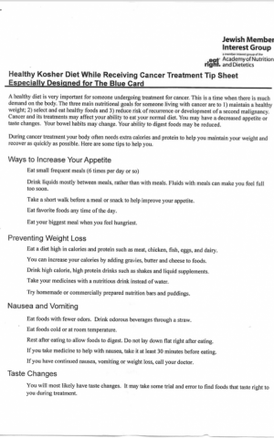 A nutrition guide for survivors with cancer published and distributed by the Blue Card and the Academy of Nutrition and Dietetics (Courtesy)