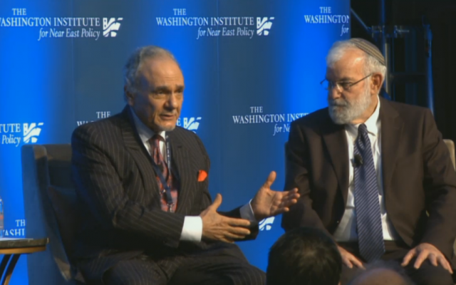 Saudi Arabia's Prince Turki al-Faisal and Maj. Gen. (ret.) Yaakov Amidror, Prime Minister Benjamin Netanyahu's former national security adviser, share a platform at the Washington Institute, May 5, 2016 (Washington Institute screenshot) Saudi Arabia's Prince Turki al-Faisal and Maj. Gen. (ret.) Yaakov Amidror, Prime Minister Benjamin Netanyahu's former national security adviser, share a platform at the Washington Institute, May 5, 2016 (Washington Institute screenshot)