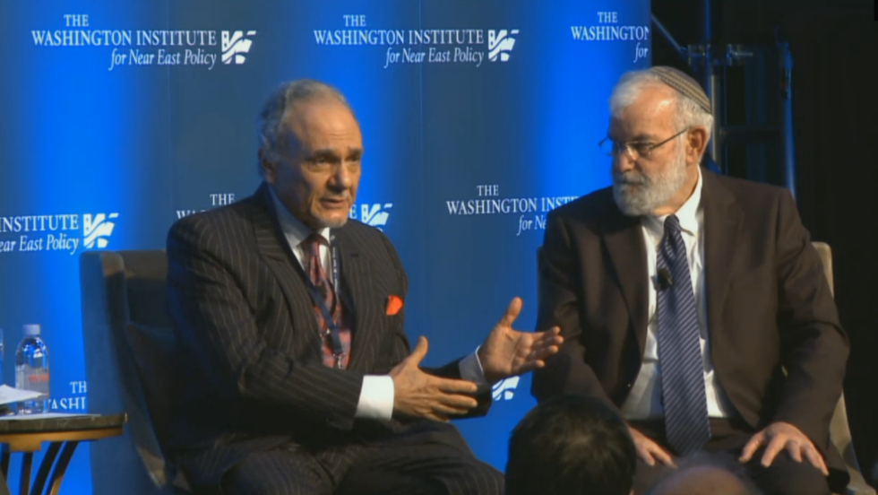 Saudi Arabia's Prince Turki al-Faisal and Maj. Gen. (ret.) Yaakov Amidror, Prime Minister Benjamin Netanyahu's former national security adviser, share a platform at the Washington Institute, May 5, 2016 (Washington Institute screenshot) Saudi Arabia's Prince Turki al-Faisal and Maj. Gen. (ret.) Yaakov Amidror, Prime Minister Benjamin Netanyahu's former national security adviser, share a platform at the Washington Institute, May 5, 2016 (Washington Institute screenshot)