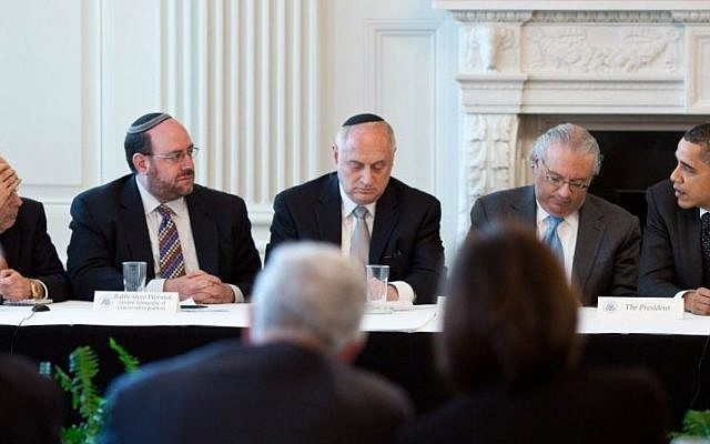 US President Barack Obama, far right, with leaders of the Conference of Presidents of Major American Jewish Organizations at the White House, March 1, 2011. (Pete Souza/White House) US President Barack Obama, far right, with leaders of the Conference of Presidents of Major American Jewish Organizations at the White House, March 1, 2011. (Pete Souza/White House)