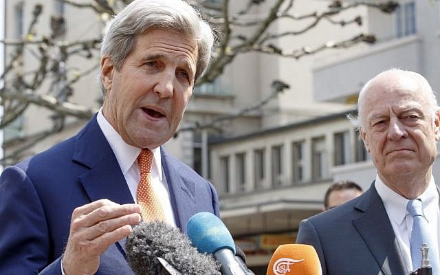 US.Secretary of State John Kerry, left, and the UN Special Envoy for Syria Staffan de Mistura, leave after a press briefing after their meeting on Syria in Geneva, Switzerland, Monday, May 2, 2016. (Salvatore Di Nolfi/Keystone via AP)