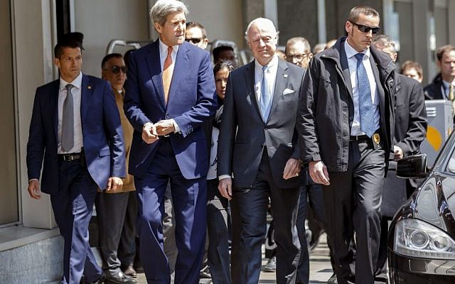 U.S. Secretary of State John Kerry, left, and the UN Special Envoy for Syria Staffan de Mistura, right, leave after a press briefing after their meeting on Syria in Geneva, Switzerland, Monday, May 2, 2016. (Salvatore Di Nolfi/Keystone via AP)