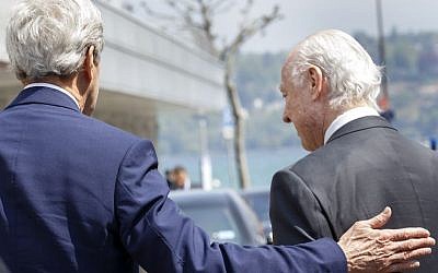 U.S. Secretary of State John Kerry, left, and the UN Special Envoy for Syria Staffan de Mistura, right, leave after a press briefing after their meeting on Syria in Geneva, Switzerland, Monday, May 2, 2016. (Salvatore Di Nolfi/Keystone via AP) U.S. Secretary of State John Kerry, left, and the UN Special Envoy for Syria Staffan de Mistura, right, leave after a press briefing after their meeting on Syria in Geneva, Switzerland, Monday, May 2, 2016. (Salvatore Di Nolfi/Keystone via AP)