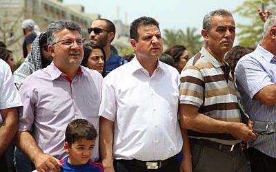 Joint (Arab) List MKs Ayman Odeh and Jamal Zahalka attending the Nakba Day event at Tel Aviv University on May 15, 2016. (Credit: Joint List Spokesperson) 