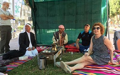 Villagers from Umm al-Hiran sit in a tent on  Rothschild Boulevard, Tel Aviv on May 20, 2016. (Courtesy: Arab List Spokesperson)
